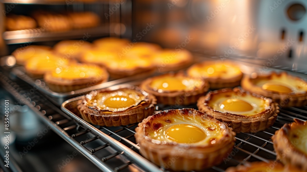 A tray of egg tarts is placed in the oven, the eggs in each tart look yellow and smooth. The blurred background shows other cakes decorated with orange cheese inside their tin cans A tray of egg tarts is placed in the oven, the eggs in each tart look yellow and smooth. The blurred background shows other cakes decorated with orange cheese inside their tin cans