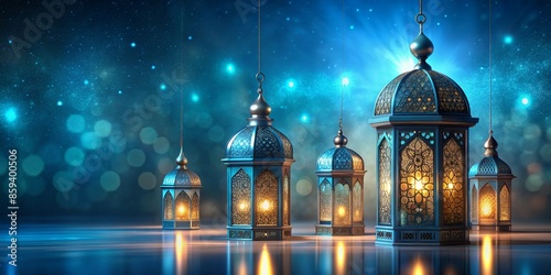 abstract ramadan blue background islamic with old lantern lamps Generative AI © Aumporn
