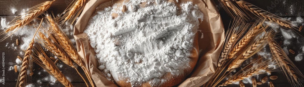 Top view of a paper bag filled with flour, surrounded by wheat ears, representing baking ingredients and natural produce. Top view of a paper bag filled with flour, surrounded by wheat ears, representing baking ingredients and natural produce.