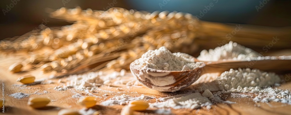 Close-up of fresh wheat stalks and flour on a wooden surface. Perfect for baking and cooking themes. Close-up of fresh wheat stalks and flour on a wooden surface. Perfect for baking and cooking themes.