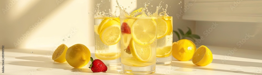 Refreshing lemonade with lemon slices and strawberry in clear glasses on a sunny day, surrounded by whole lemons. Refreshing lemonade with lemon slices and strawberry in clear glasses on a sunny day, surrounded by whole lemons.