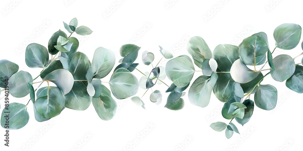 Obraz premium Watercolor Floral Frame with Handpainted Eucalyptus Leaves on White Background. Concept Watercolor Florals, Handpainted Eucalyptus, White Background, Floral Frame, Artistic Design