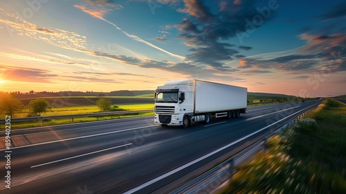Modern white truck driving on highway during sunset with beautiful countryside landscape in the background. High-quality AI-generated image perfect for transportation and logistics themes. AI