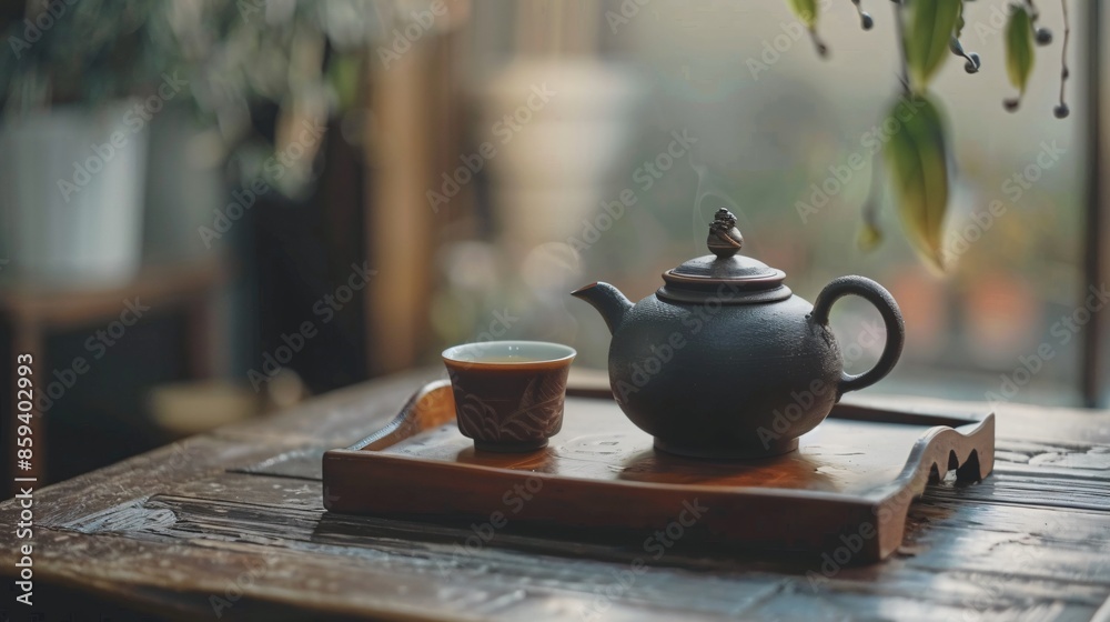 A modern, dark ceramic teapot on a plain wooden tray, with a single tea cup beside it A modern, dark ceramic teapot on a plain wooden tray, with a single tea cup beside it