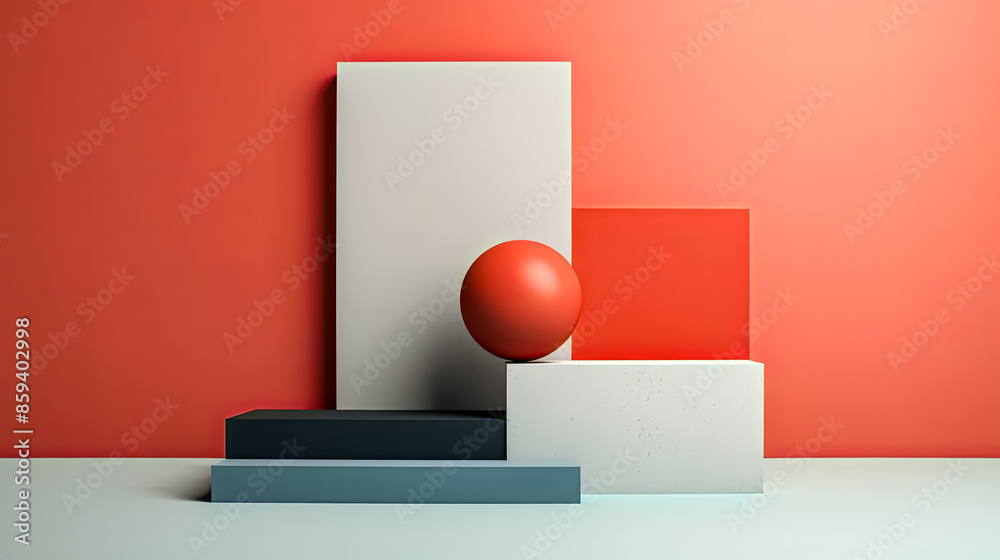 A red ball is placed on top of a stack of white and blue boxes A red ball is placed on top of a stack of white and blue boxes