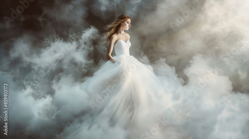 A woman in a flowing white gown appears ethereal amidst a cloud-like atmosphere, exuding grace and mystique.