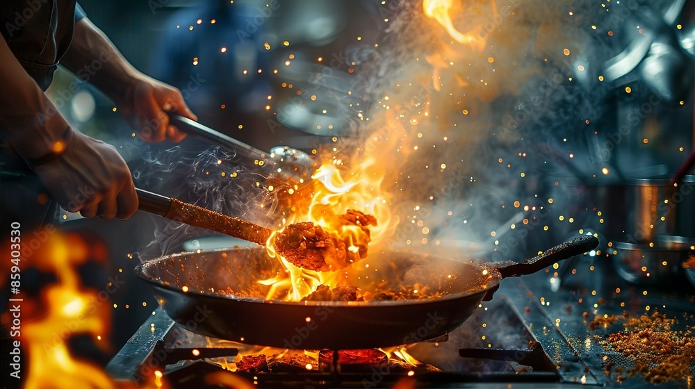 A man is cooking food in a pan with a lot of smoke and fire A man is cooking food in a pan with a lot of smoke and fire