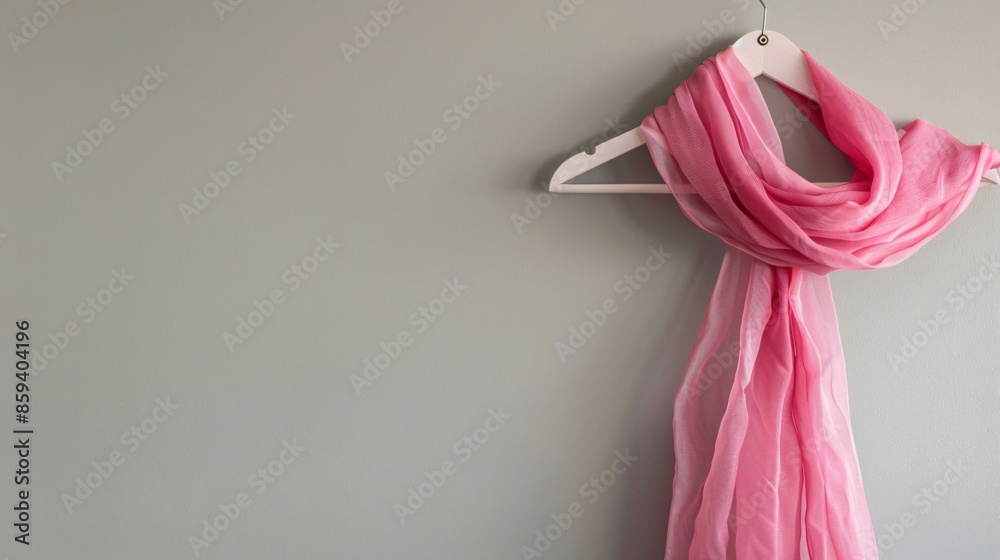 A single, elegant pink scarf draped over a minimalist coat hanger, set against a plain background A single, elegant pink scarf draped over a minimalist coat hanger, set against a plain background