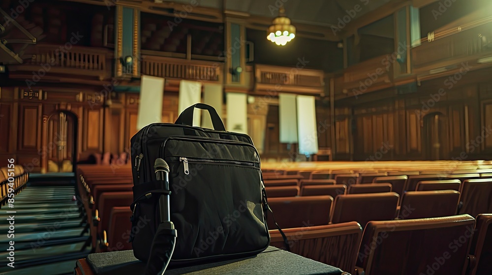 A school bag in an auditorium with a microphone and podium, ready for a speech or presentation A school bag in an auditorium with a microphone and podium, ready for a speech or presentation