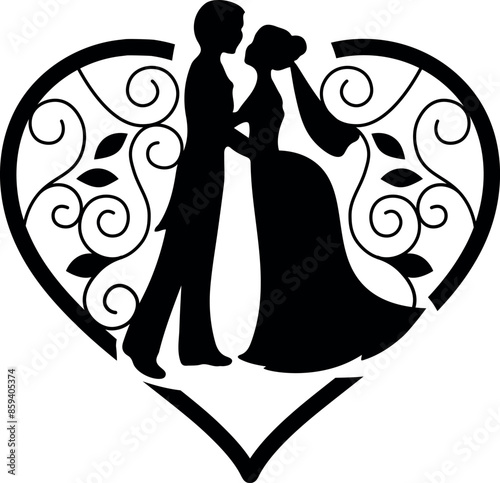 Flat isolated wedding couple in heart frame silhouette. Bride and groom illustration vector.