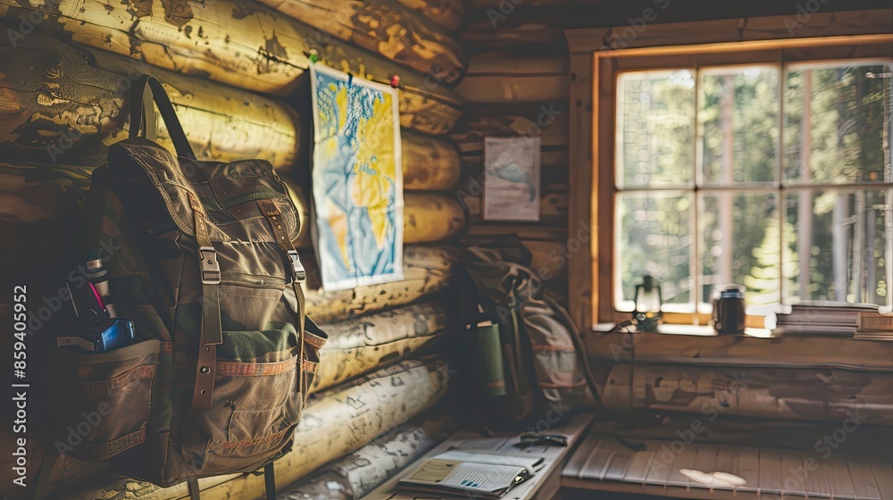 A school bag in a hiking hut with maps and outdoor gear, suitable for adventure learning A school bag in a hiking hut with maps and outdoor gear, suitable for adventure learning
