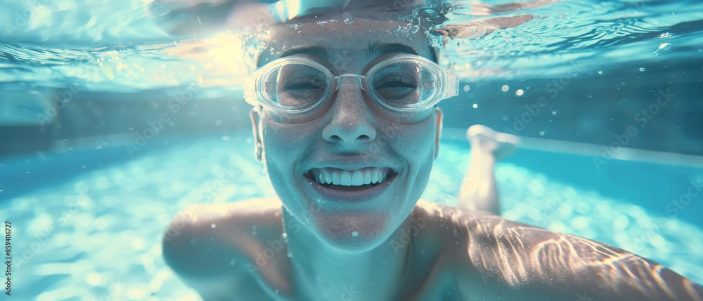 Naklejka premium A person underwater in a swimming pool, smiling with goggles on, capturing the joy and freedom of swimming.