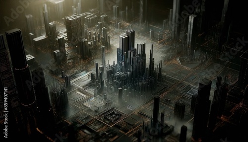 Dark futuristic sci fi motherboard technological chip city photo