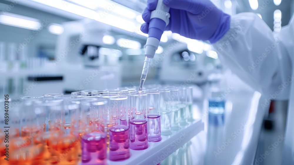 A scientist carefully filling test tubes with a pipette, tray of various colored liquids, laboratory setting, focus on precision and concentration A scientist carefully filling test tubes with a pipette, tray of various colored liquids, laboratory setting, focus on precision and concentration