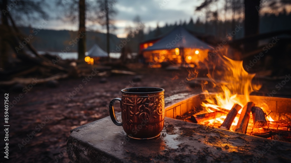 Enamel Camp Mug by Cozy Campfire at Dusk. Campfire Mug on Log by Fire. Spring camping Enamel Camp Mug by Cozy Campfire at Dusk. Campfire Mug on Log by Fire. Spring camping