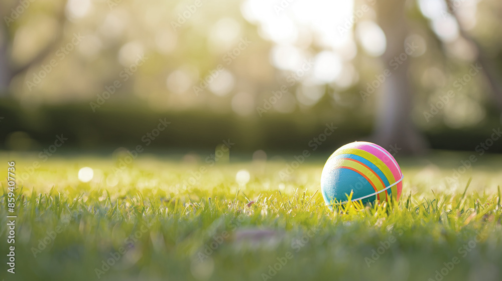 Colorful rubber ball resting on green grass in sunlit park with blurred trees and bushes in background, creating a vibrant and cheerful outdoor scene perfect for play and leisure Colorful rubber ball resting on green grass in sunlit park with blurred trees and bushes in background, creating a vibrant and cheerful outdoor scene perfect for play and leisure