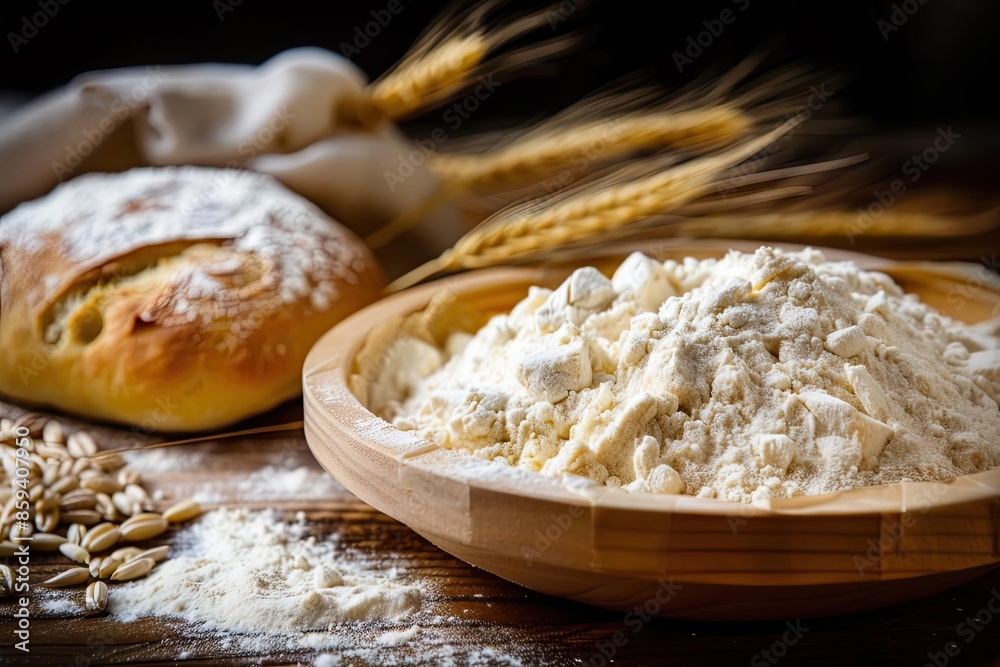 Rustic bread and a wooden bowl filled with flour, surrounded by wheat grains and stalks on a wooden table, highlighting natural ingredients. Rustic bread and a wooden bowl filled with flour, surrounded by wheat grains and stalks on a wooden table, highlighting natural ingredients.