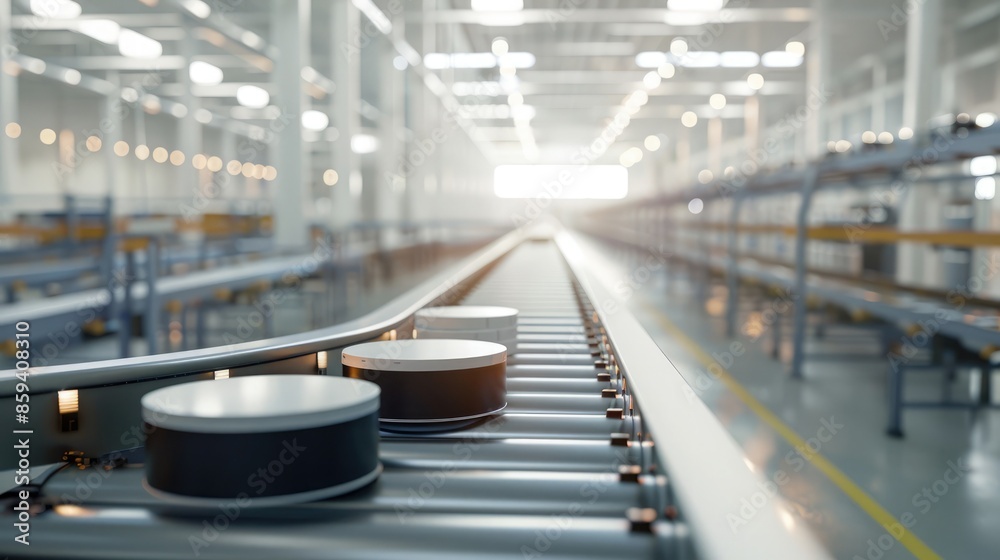 Fototapeta premium Automated factory with conveyor belts transporting battery packs efficiently. Battery Pack Manufacturing Process