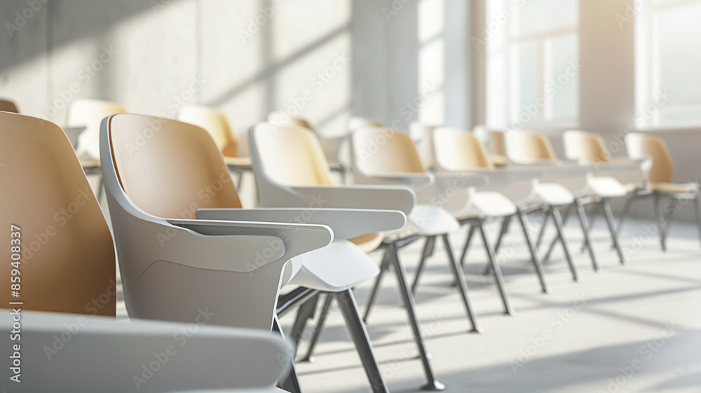 Empty classroom with rows of modern chairs and desks arranged neatly, bathed in soft natural light. Bright and clean learning environment with large windows casting shadows on floor Empty classroom with rows of modern chairs and desks arranged neatly, bathed in soft natural light. Bright and clean learning environment with large windows casting shadows on floor