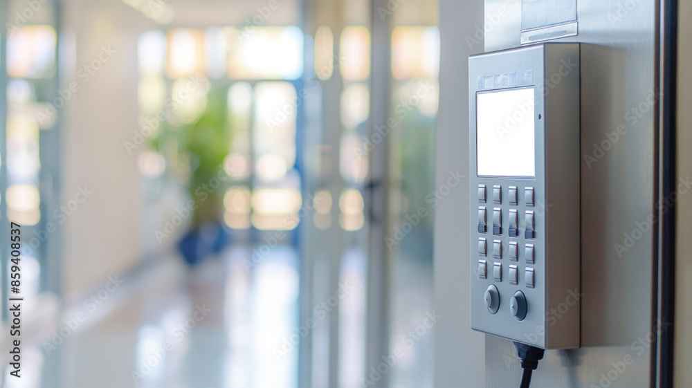 Electronic security keypad on wall in bright and modern school hallway with blurred background of large windows and natural light. Safety and technology in educational environment
