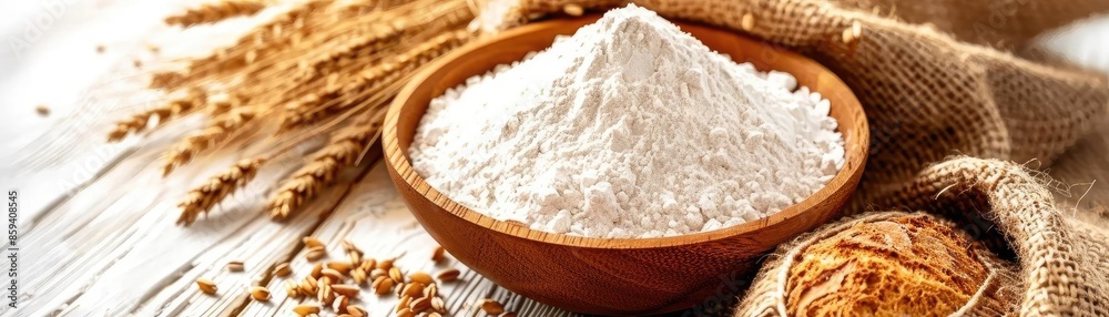Fresh whole wheat flour in a wooden bowl, homemade bread loaf, and wheat stalks on a rustic wooden table. Ideal for baking and cooking concepts. Fresh whole wheat flour in a wooden bowl, homemade bread loaf, and wheat stalks on a rustic wooden table. Ideal for baking and cooking concepts.