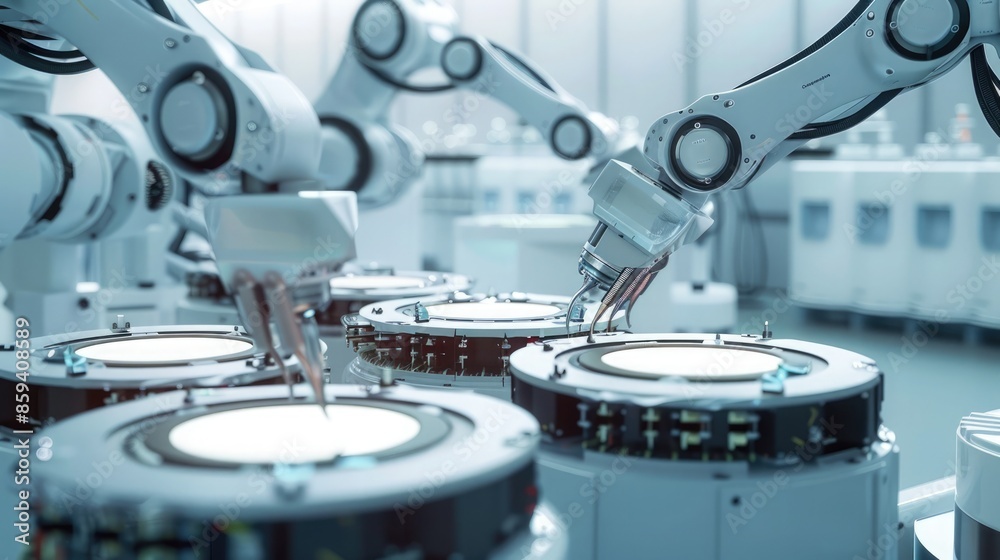 Robotic arms precisely assembling battery components in an automated factory. Battery Pack Manufacturing Process Robotic arms precisely assembling battery components in an automated factory. Battery Pack Manufacturing Process