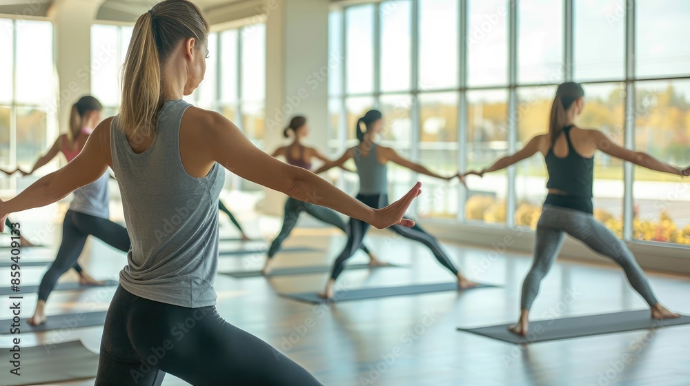 Obraz premium Yoga instructor guiding a class in a modern studio with large windows, emphasizing professional instruction