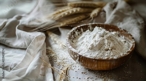 Rustic wooden bowl filled with flour on a farm table, surrounded by wheat grains and linen cloth, evoking a homely, natural atmosphere.