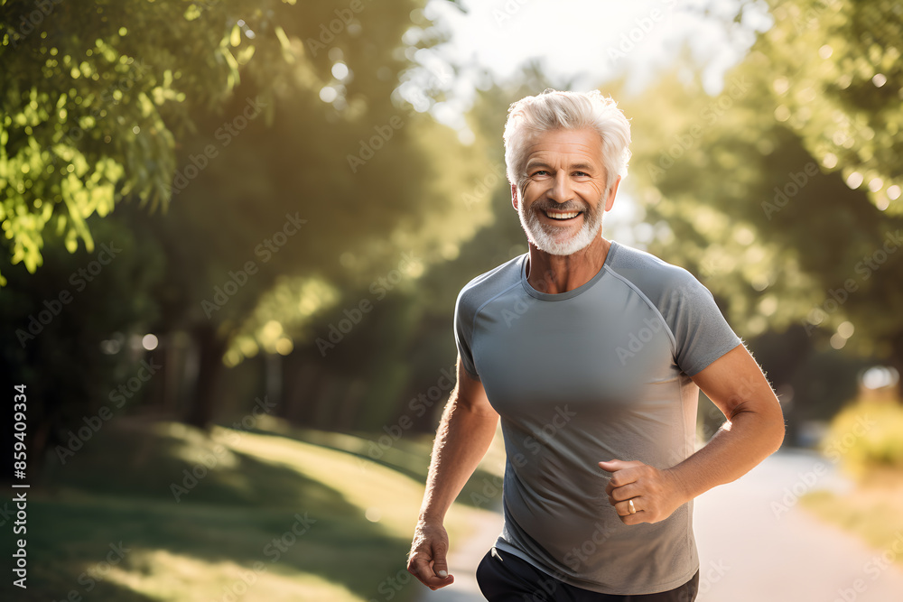 Elderly bearded handsome man smiling and jogging in the city street Elderly bearded handsome man smiling and jogging in the city street
