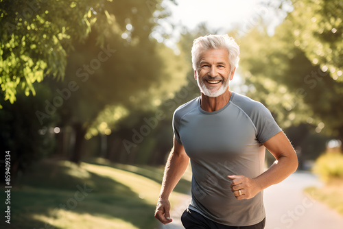 Elderly bearded handsome man smiling and jogging in the city street