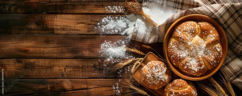 Freshly baked bread rolls in a rustic kitchen setting with flour and wheat on a wooden table, perfect for culinary and bakery themes. Freshly baked bread rolls in a rustic kitchen setting with flour and wheat on a wooden table, perfect for culinary and bakery themes.
