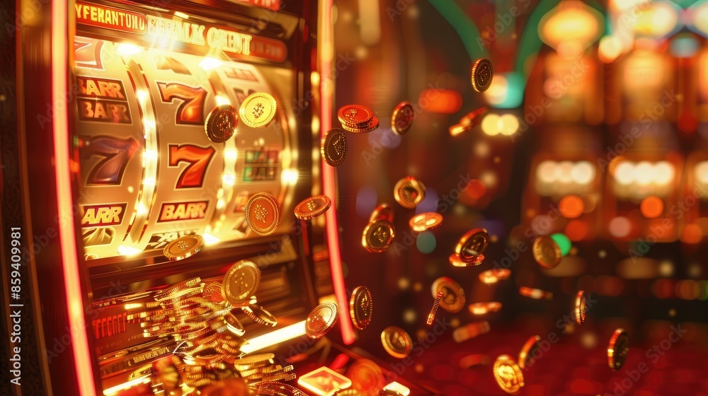 Retro slot machine pouring out coins, symbolizing luck and fortune in a vibrant casino setting. Retro slot machine pouring out coins, symbolizing luck and fortune in a vibrant casino setting.