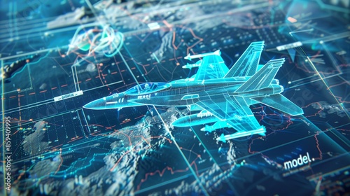 Digital Model of Fighter Jet Over World Map