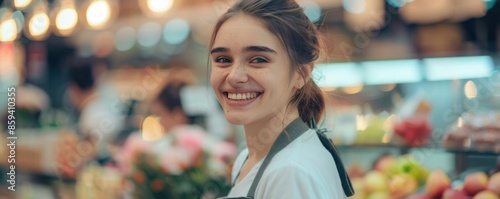 Smiling saleswoman portrait in a shop, shopping concept banner. Generative AI.