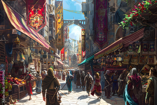A detailed illustration of a bustling marketplace in a fantasy city, with vendors selling exotic goods, colorful banners, and a diverse crowd of adventurers and townsfolk 