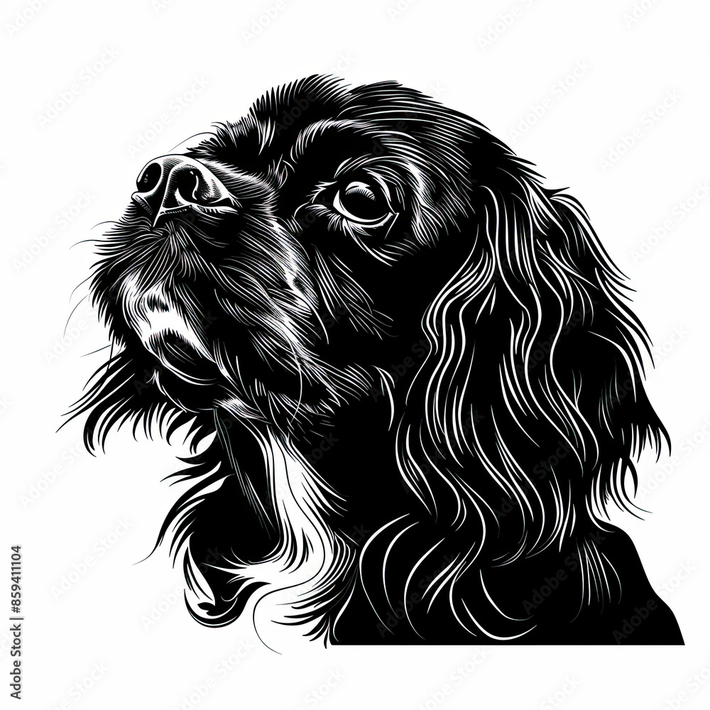 A black and white drawing of a cavalier king charles spaniel dog A black and white drawing of a cavalier king charles spaniel dog
