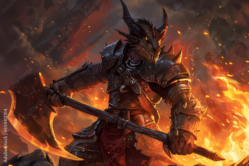 A detailed illustration of a fierce dragonborn warrior in full battle armor, wielding a massive axe, with flames and smoke swirling around them, set in a dark and ominous dungeon A detailed illustration of a fierce dragonborn warrior in full battle armor, wielding a massive axe, with flames and smoke swirling around them, set in a dark and ominous dungeon