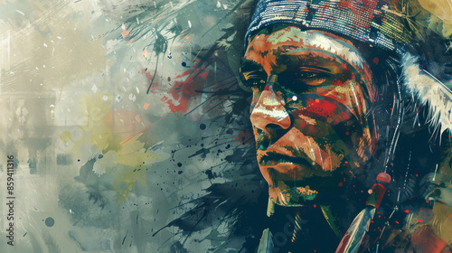 Portrait native american warrior art. American indian in mixed grunge colors style illustration.