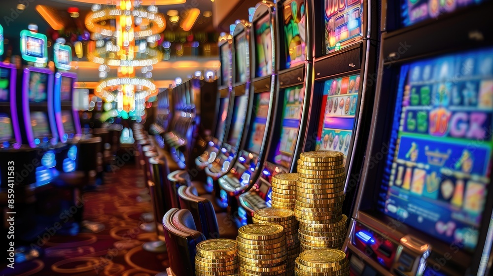 Overflowing slot machine with coins cascading out, set against a lively casino backdrop Overflowing slot machine with coins cascading out, set against a lively casino backdrop