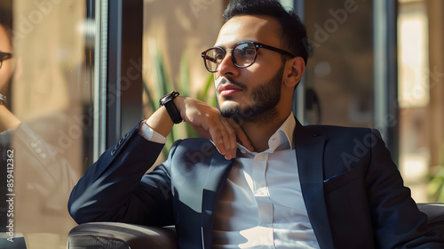 Portrait of Handsome Arab business man wearing Suit sitting in hair