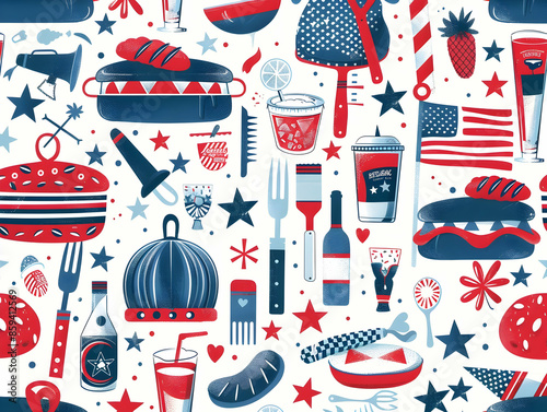 Festive American barbecue themed pattern with hot dogs, burgers, and patriotic symbols in red, white, and blue colors.