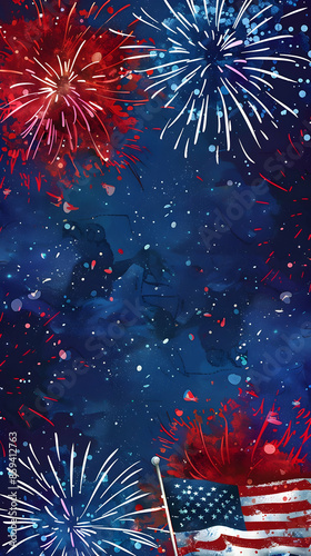 Festive Fourth of July celebration with vibrant fireworks exploding against a starry night sky, highlighting an American flag in the foreground.