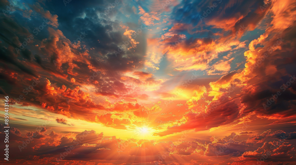 A beautiful orange and blue sky with a sun shining through the clouds