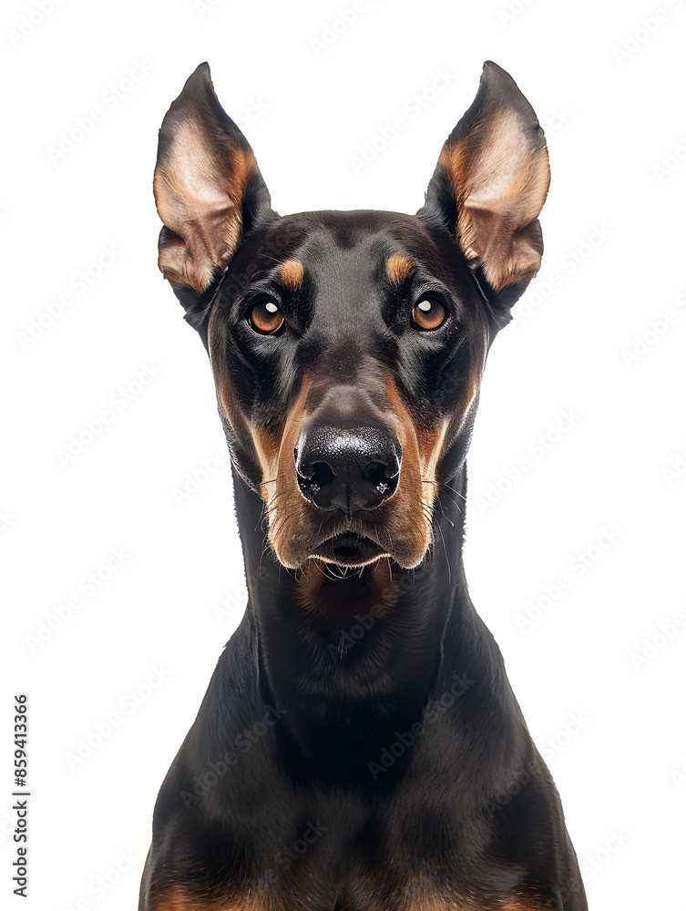 Closeup portrait of doberman sitting in front of camera isolated on background Closeup portrait of doberman sitting in front of camera isolated on background