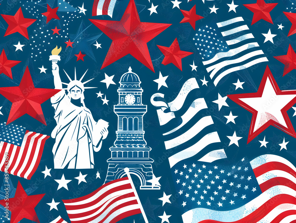 Patriotic American icons featuring the Statue of Liberty, flags, and ...