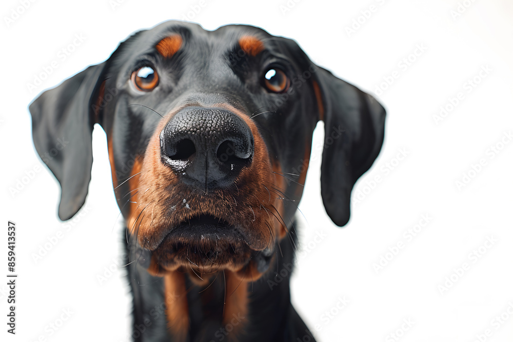 Closeup portrait of doberman sitting in front of camera isolated on background Closeup portrait of doberman sitting in front of camera isolated on background