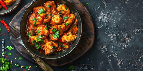 Delicious chicken fricassee in spicy red pepper sauce a flavorful combination. Concept Chicken Recipe, Spicy Dish, Red Pepper Sauce, Flavorful Combo