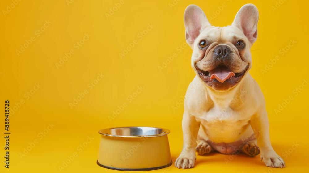 Happy french bulldog dog with dog bowl isolated on clean background. Happy french bulldog dog with dog bowl isolated on clean background.
