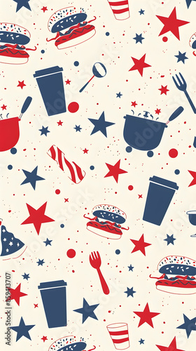 Seamless patriotic American-themed pattern with burgers, drinks, and stars in red, white, and blue on a beige background.
