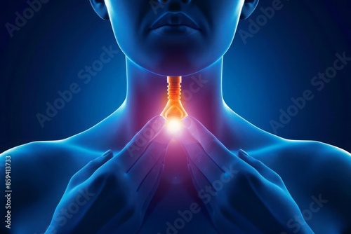 A person holding their neck where the thyroid gland is located with a concerned expression illustrating awareness of thyroid issues photo